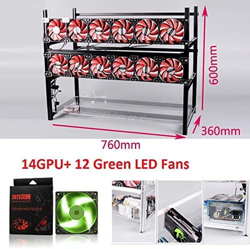 Open Air Mining Rig Stackable Frame 14 GPU Case With 12 LED Fans For ETH Z Cash (Black+Green LED Fans)