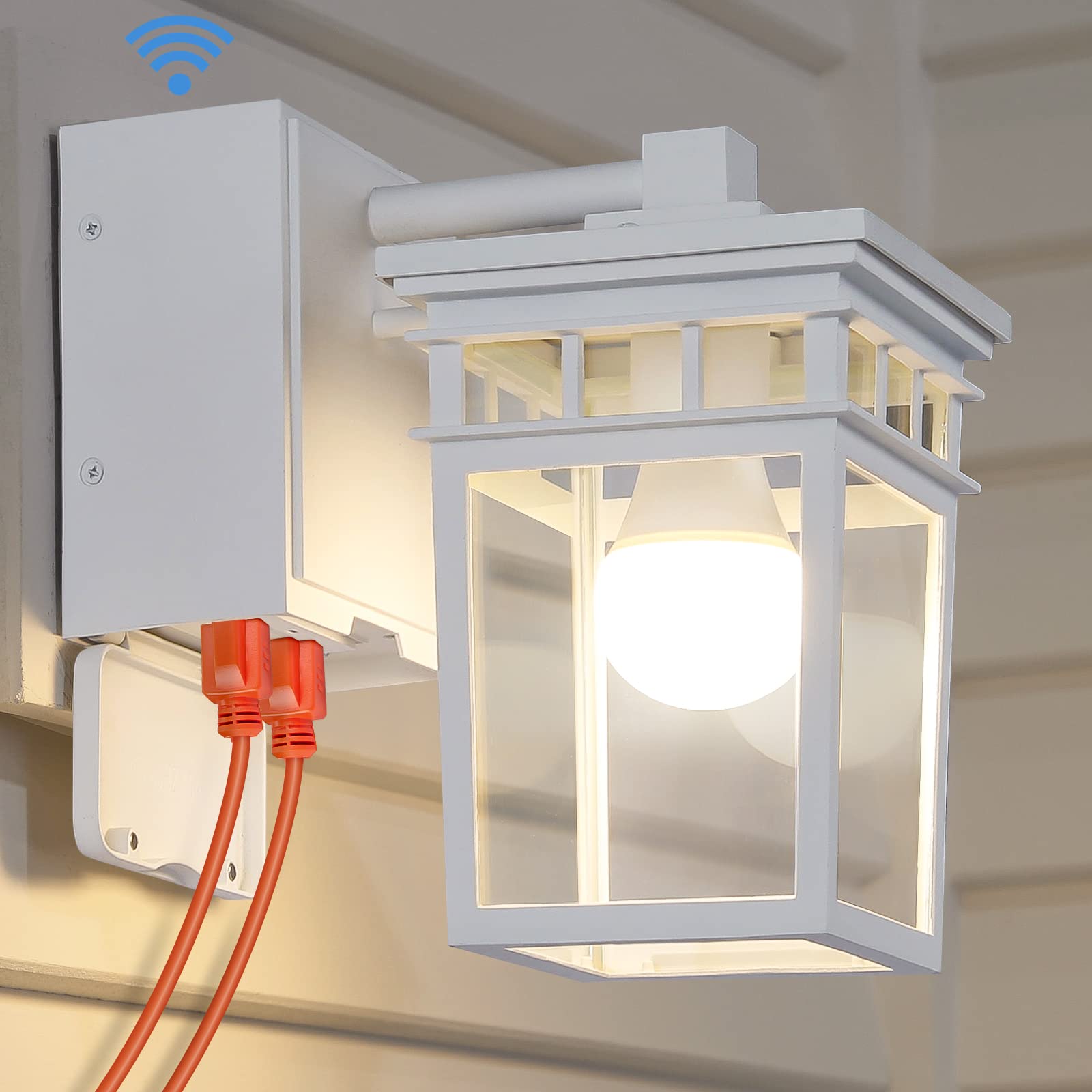 Photo 1 of Outdoor Porch Light with GFCI Outlet Built in, Dusk to Dawn Outdoor Wall Lantern with Outlet, Waterproof Anti-Rust Exterior Light Fixture Outside Lights for House Garage Patio, Bulb Included (White)