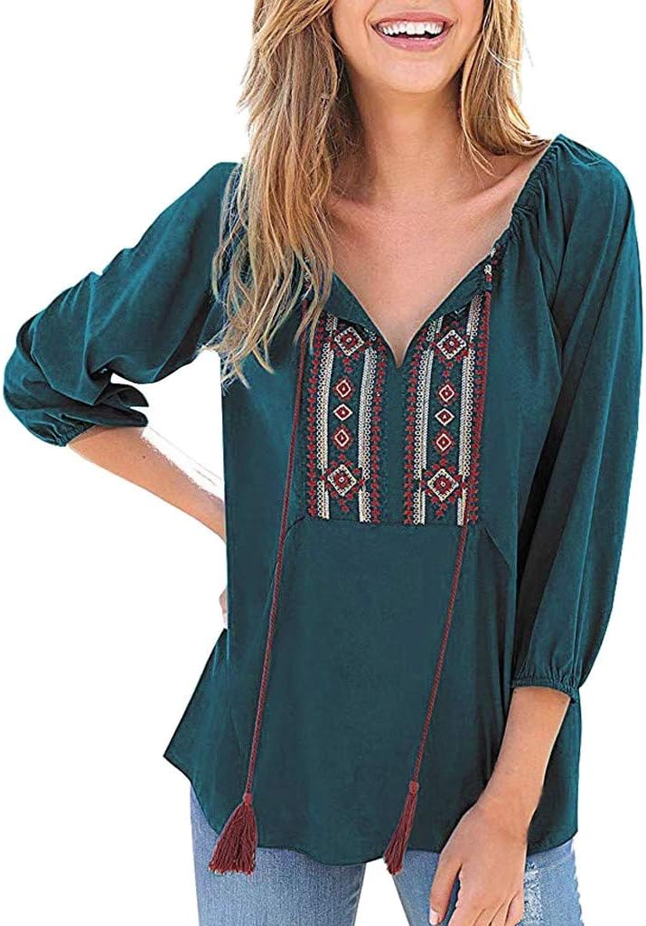 Women Tops Floral Embroidery Strappy V Neck Shirts Casual Long Sleeve Loose Blouse