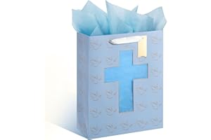 Sawnfay Blue Gift Bag - 10" x 5" x 13", with Cross Cut Window & Tissue Paper, Perfect for Baptism, First Communion, Confirmation, Christening & Religious Events for Boys & Teens