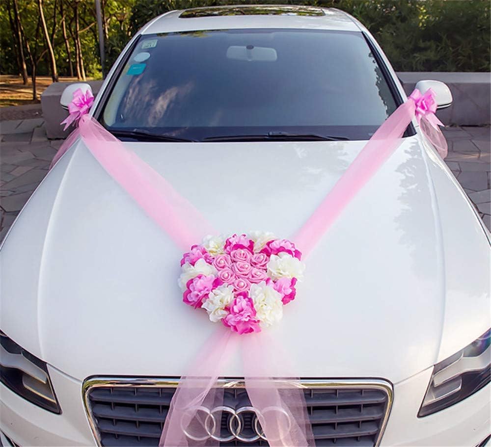 Kit Décoration Voiture De Mariage - 9 Roses Magnétiques Blanches, Rubans Cœur, Voiles, Pour Capot, Fixation Ventouse