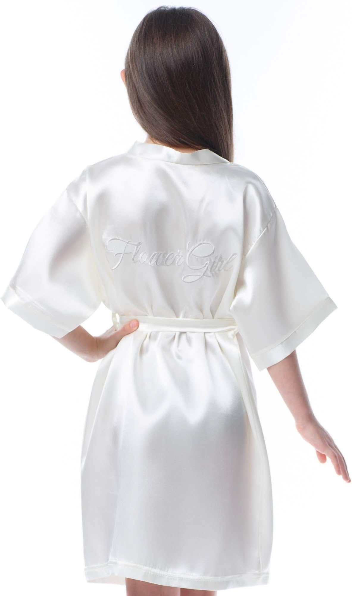 Embroidered Bride, Bridesmaid, Maid of Honor, Flower Girl Satin Kimono Robes with Titles in Silver