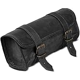 PLW Leather Vintage Motorcycle Bicycle Essentials 2 Strap Buckle Closure Tool Bag Adjustable Quick Release Clasp Reinforced For Handlebars, Forks, Sissy Bar (Black)