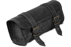 PARRYS LEATHER WORLD Vintage Genuine Leather Motorcycle Tool Bag for Handlebar, Forks & Sissy Bar – Universal Fit, 2 Buckle Straps, Quick-Release Clasp – Handcrafted Saddle Bag for Harley, Yamaha, Royal Enfield, Kawasaki