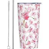 YIKISSKID Pink Floral 20oz Tumbler with Lid and Straw for Women Men, Watercolor Sakura Flower Insulated Mug Cherry Blossom Aesthetic Stainless Steel Tumbler Double Wall Vacuum Travel Mug Coffee Cup
