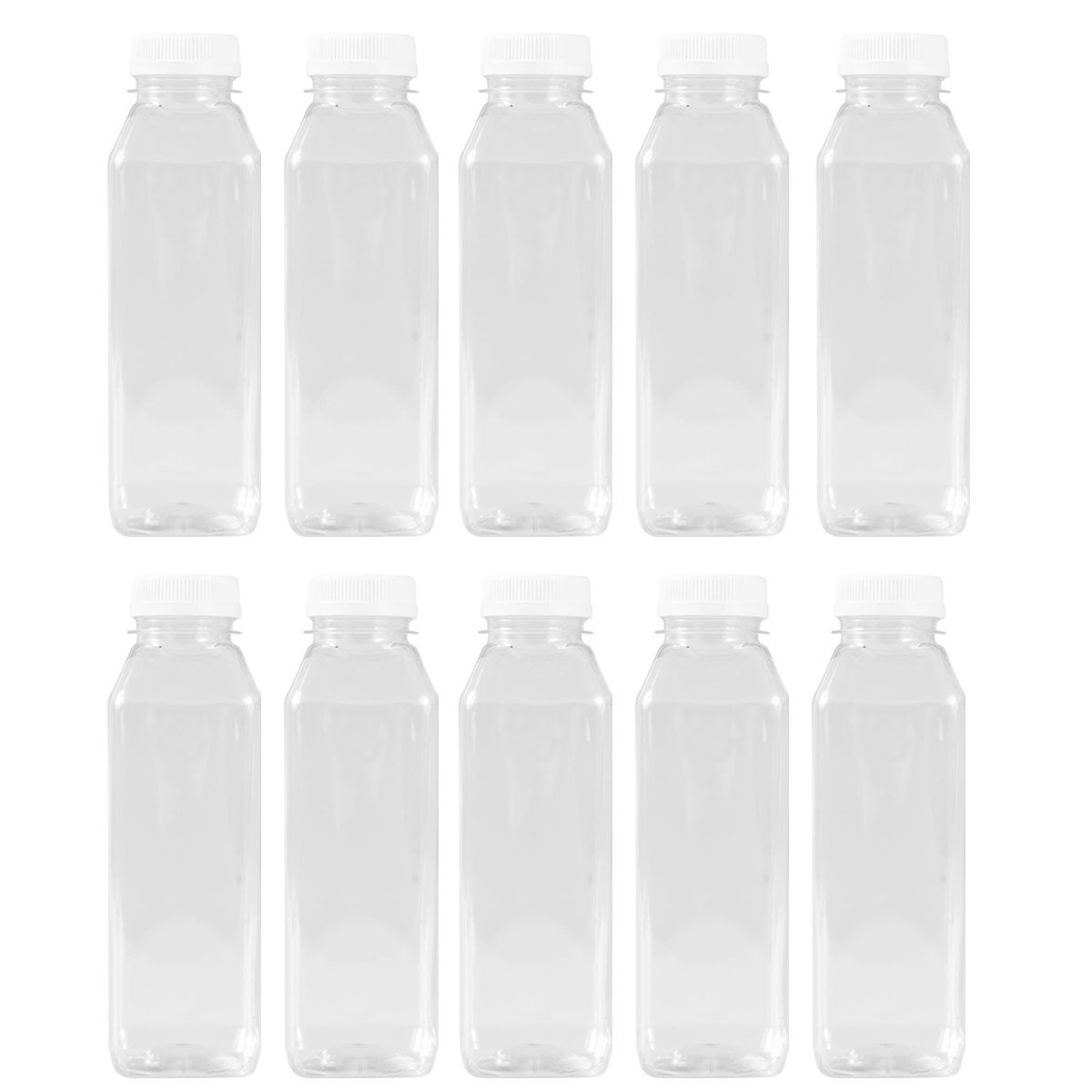 16 Oz Set of 10 Clear Plastic Juice/Dressing PET Square Container Bottles w/White Tamper Evident