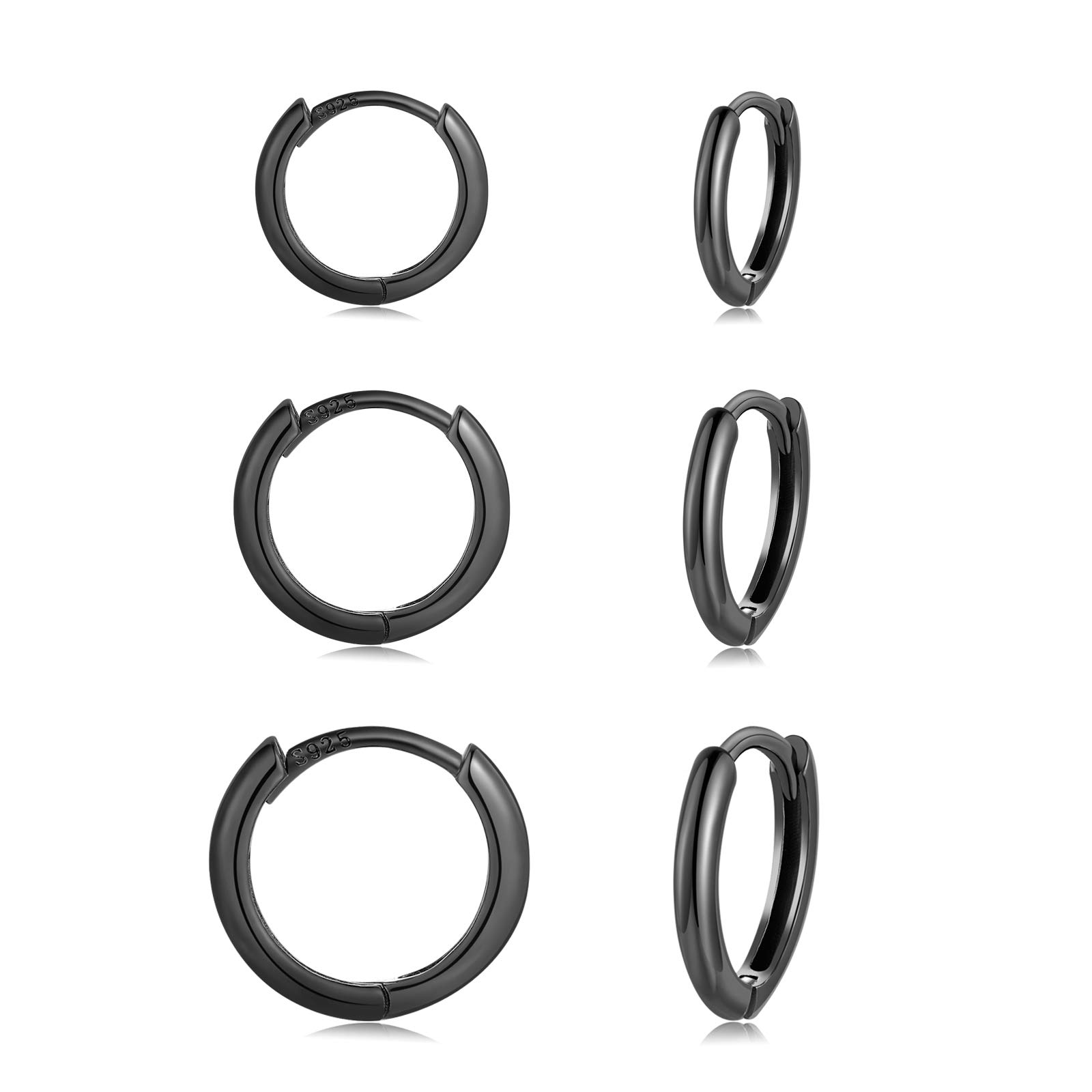 CERSLIMO Hoop Earrings 925 Silver Gold Rose Gold Black Set Women Men Small Hoop Earrings Set Dainty Cartilage Tragus Helix Sleeping Earrings 8 mm 10 mm 12 mm, Silver