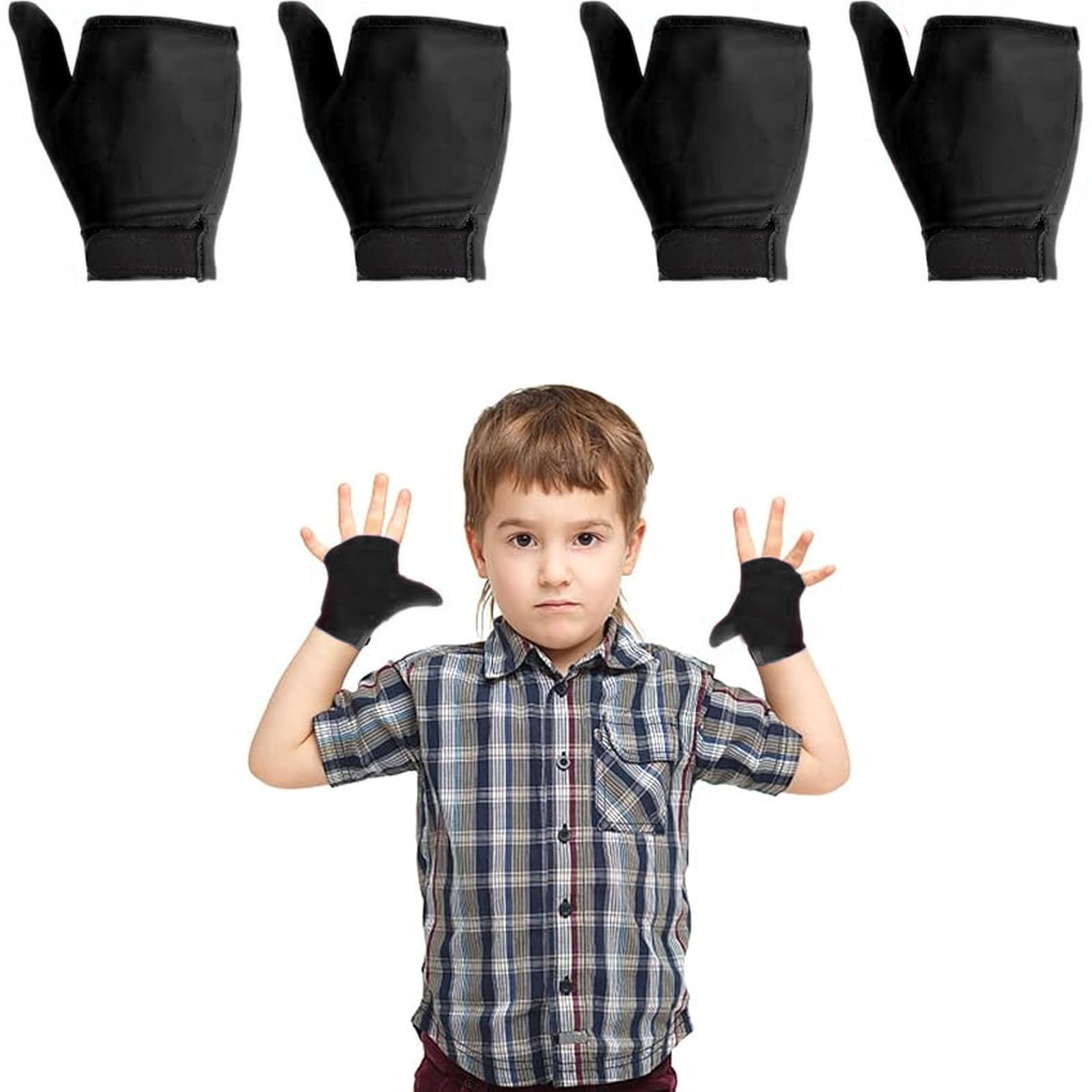 4 Pcs Thumb Sucking Guard Gloves,Kids Chewy Compression Glove,Kids Stop Thumb Sucking and Finger Biting for Ages 5-13 (Black#1)