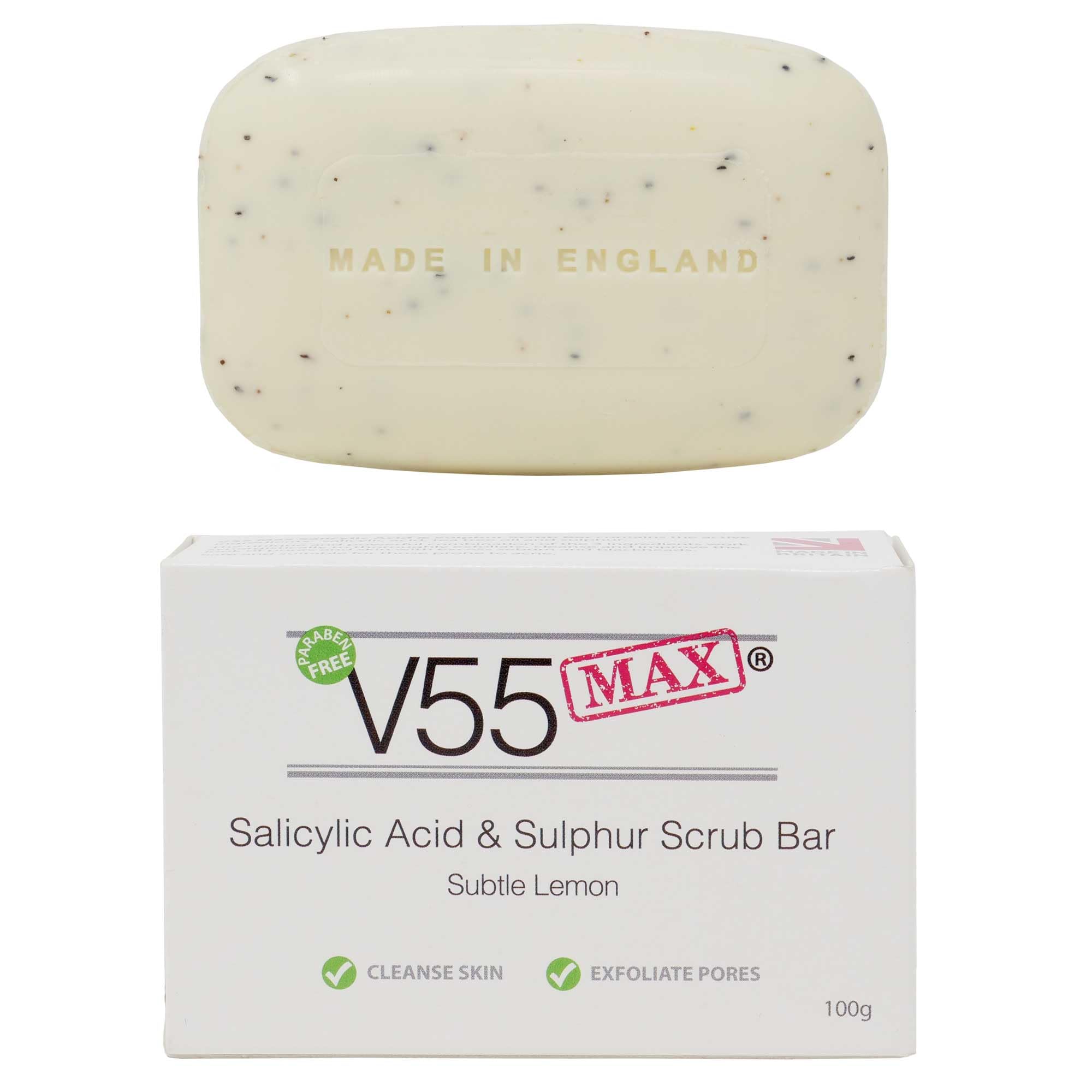 V55 MAX Salicylic Acid, Tea Tree Oil and Sulphur Soap Scrub for Spots Blackheads Milia Blemishes Problem Skin Suitable and Safe for those Prone to Acne - Paraben and Cruelty FREE - 100 g