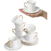 BTaT- Porcelain Espresso Cups Set, 3 oz, 6 Set, Small Coffee Mugs | Elegant White Cups Saucers Gold Trim Espresso Set Greek Arabic Turkish Coffee Gift Use