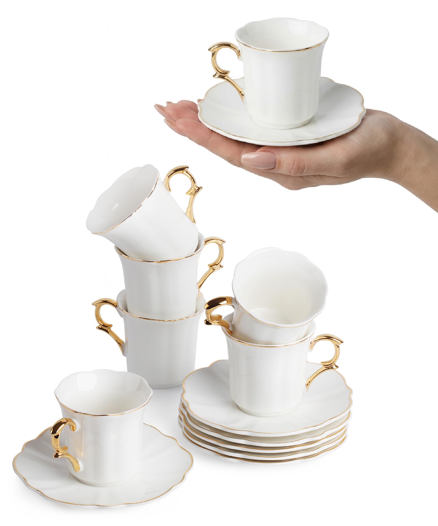 Photo 1 of BTaT- Turkish Coffee Cup Set, 3 oz, 6 Set (12 pcs), Elegant White Cups & Saucers with Gold Trim, Small Porcelain Espresso Set for Serving Greek, Arabic & Turkish Coffee, Gift Giving