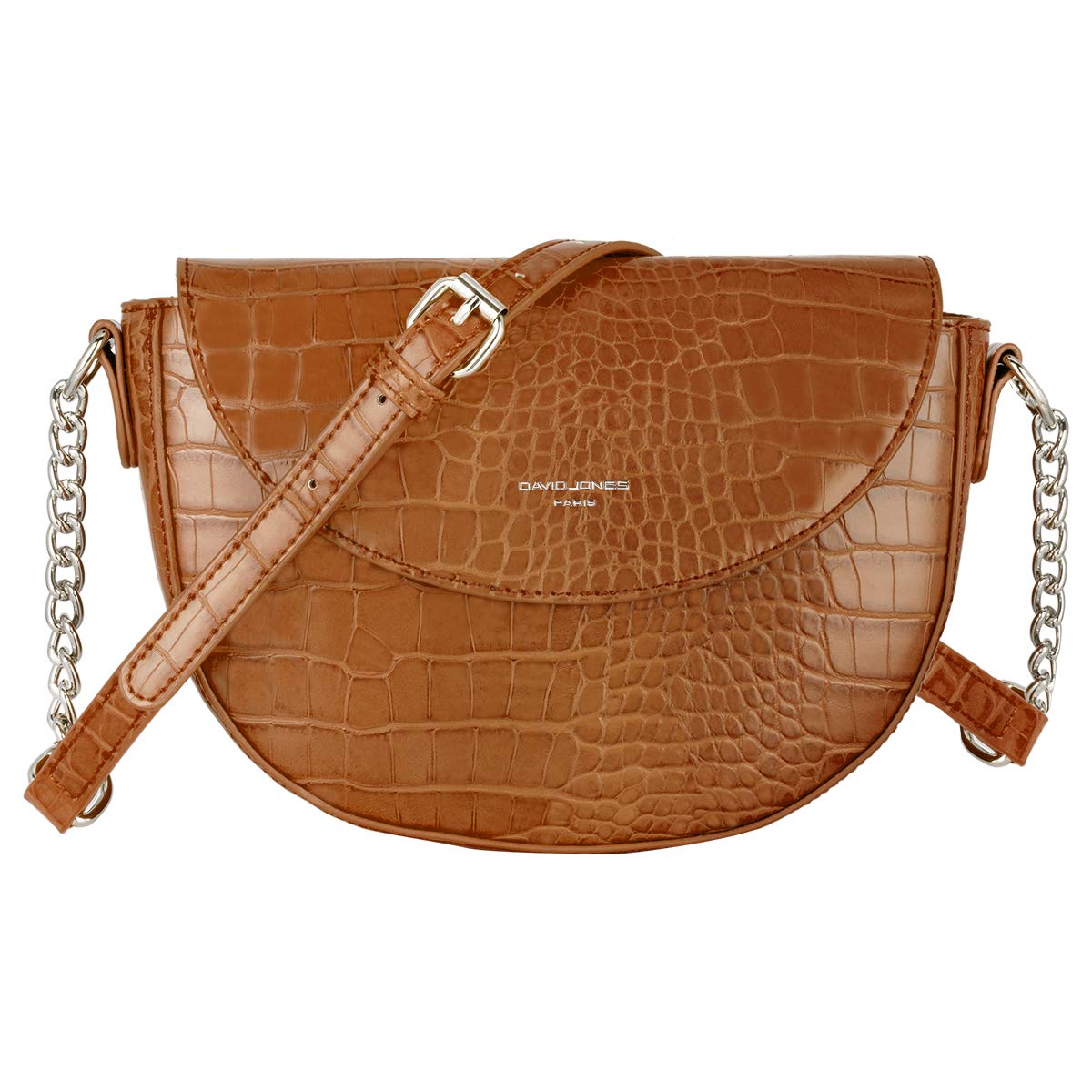 David Jones - Women's Small Crocodile Crossbody Bag - Ladies Chain Shoulder Bag PU Leather - Half Moon Round Messenger Clutch Saddle Bag - Fashion Elegant Trendy City Evening Shopping - Camel Brown