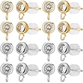 Beebeecraft 1 Box 8 Pairs Cubic Zirconia Stud Earring Findings 18K Gold Plated Brass Oval Earring Studs with Loop with 16Pcs Silicone Nuts for DIY Jewelry Making