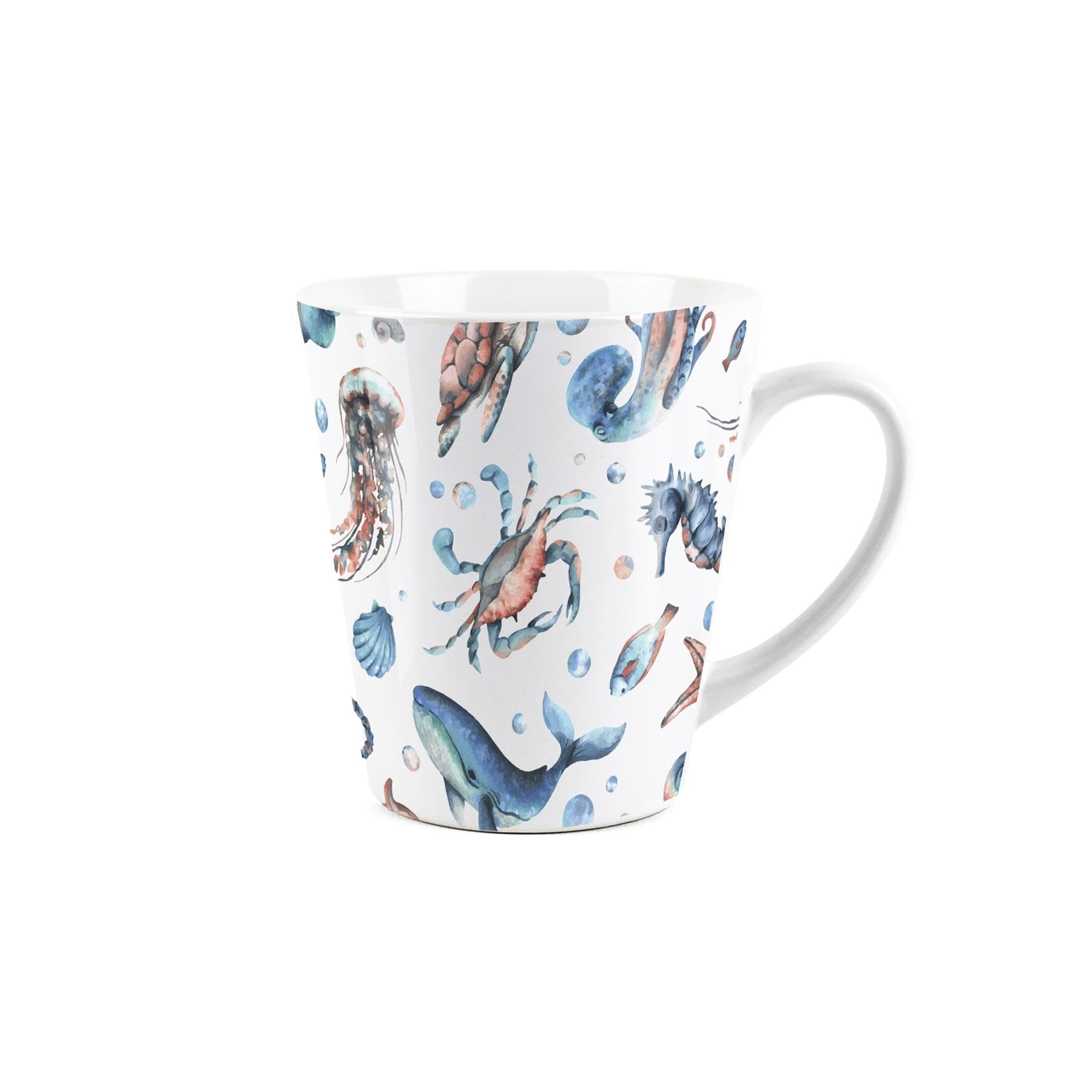 Purely Home Sea Life Latte Mug - Ocean Themed Whales Seashells Jellyfish - Ceramic Tea/Coffee Present Gift