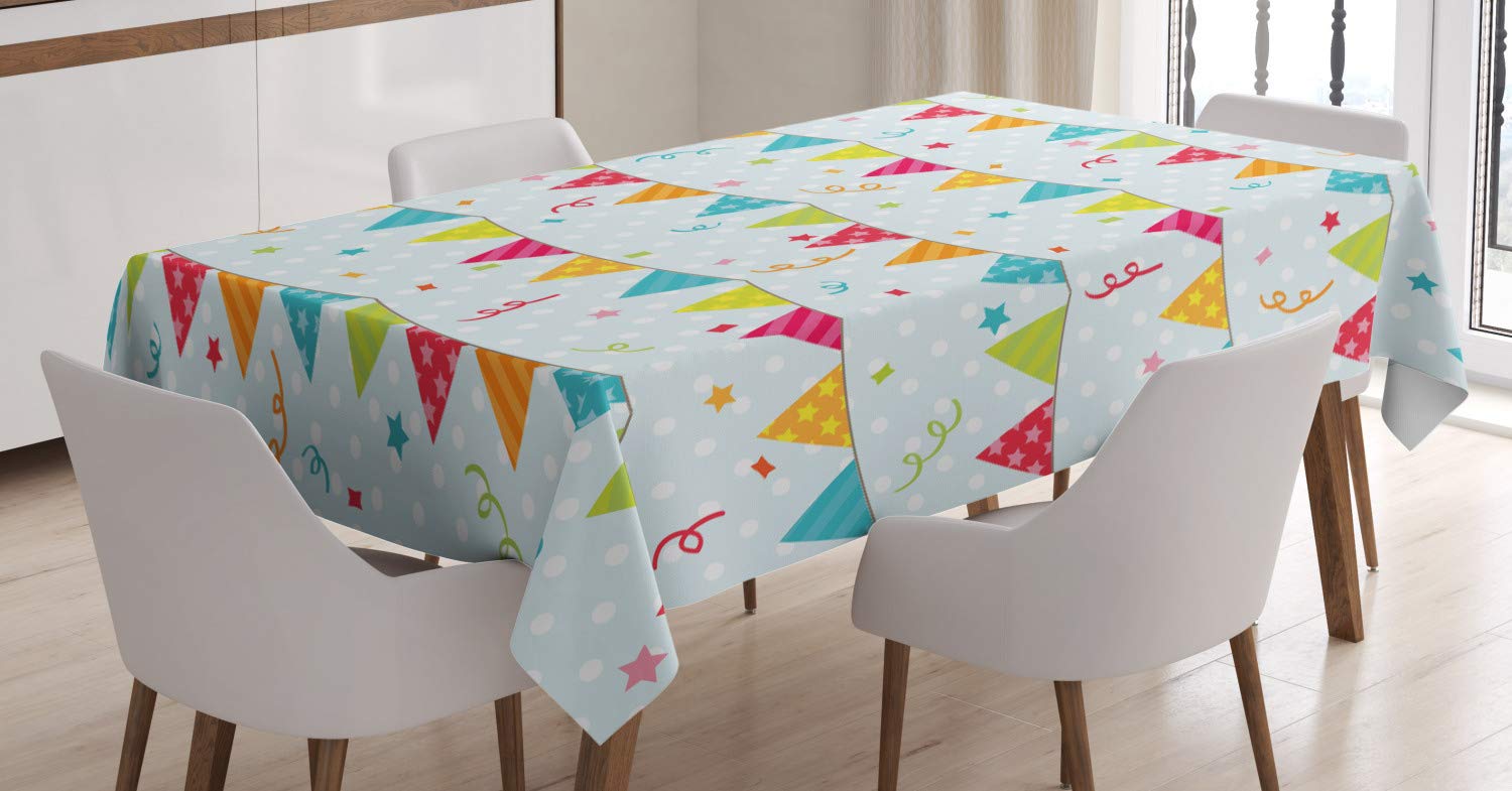 ABAKUHAUS Birthday Tablecloth, Colorful Triangular Party Flags on the Ropes Swirls and Stars Kids Design, Dining Room Kitchen Table Cover, 54" x 66", Turquoise Red
