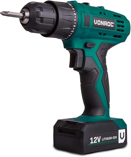 VONROC - Taladro inalámbrico (12 V/1,3 Ah, incluye batería, cargador rápido, puntas de tornillo y bolsa de almacenamiento)