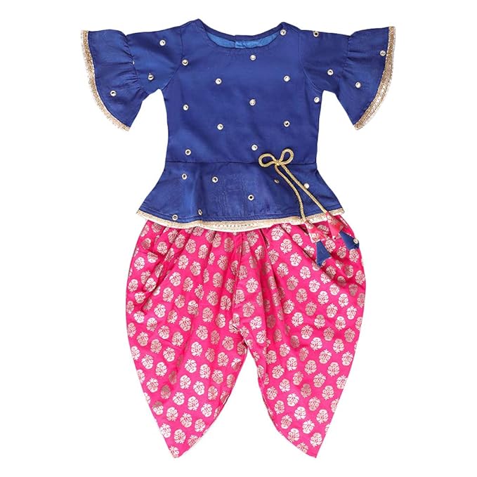The Magic Wand Girls Chanderi Aabla work Peplum Tassel Top with Khadi Printed Dhoti in Blue Color