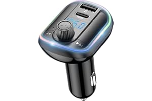 SKYBESS Car FM Transmitter Bluetooth 5.0, Upgraded PD18W Type C & QC3.1 USB Charger Bluetooth Car Adapter Wireless Radio, 10-Color LED Backlit Light, Hands-Free Car Kit Music Player