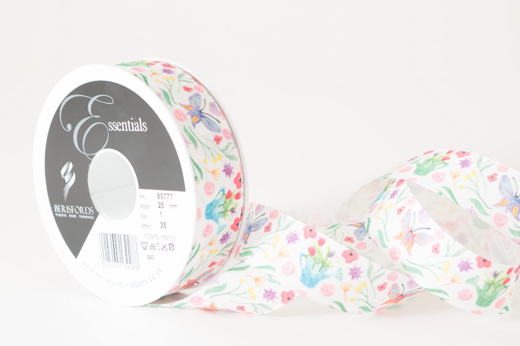 Berisfords Taffeta Patterned Ribbon ‘Flower Patch’ Multicolour on White 25mm Wide 25m Reel