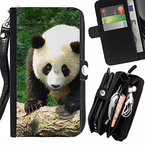 FJCases Panda Animal Bamboo Card Holder Wallet with Strap and Zipper Cover Case for Samsung Galaxy Note 5