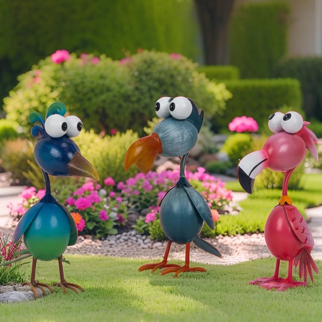 Photo 1 of Kircust Outdoor Metal Bird Yard, Garden Decor for Outside Flamingo/Peacock/Pelican Decorations Art Statues, Lawn Ornaments for Courtyard, Patio, Backyard, Porch, Set of 3