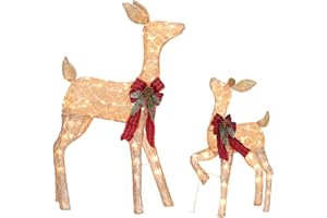 JOHOO 2 Pcs Reindeer Christmas Decoration, Xmas Lighted Golden Shimmering Doe and Fawn Display Set with 105 Warm White Lights for Yard Lawn Indoor Outdoor