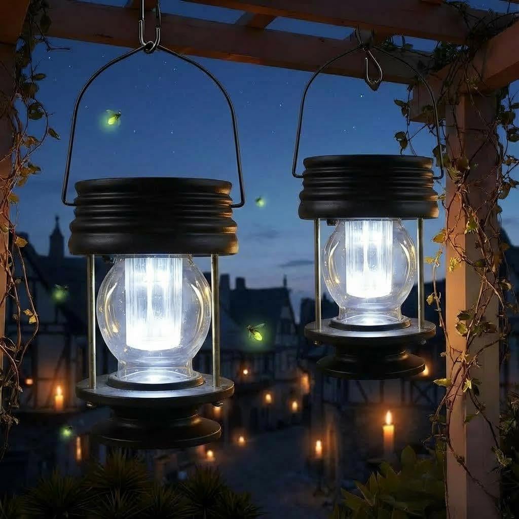 Hanging Solar Lantern Outdoor 2 Pack Garden Table Lamp Led Vintage Hanging Solar Lights with Handle Vintage Design for Landscape Yard Garden Pathway Beach Pavilion Decoration (White Lights)