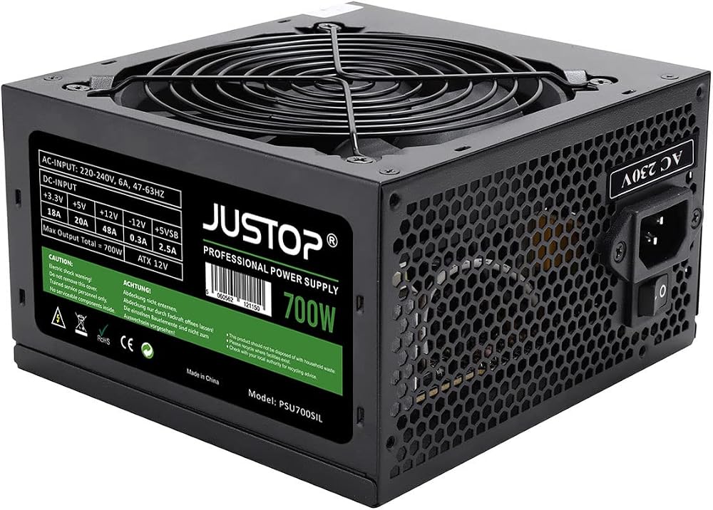 JUSTOP 700W ATX Power Supply PSU 120mm Fan 8-Pin 12V 6+2 Pin PCI-E 6x SATA