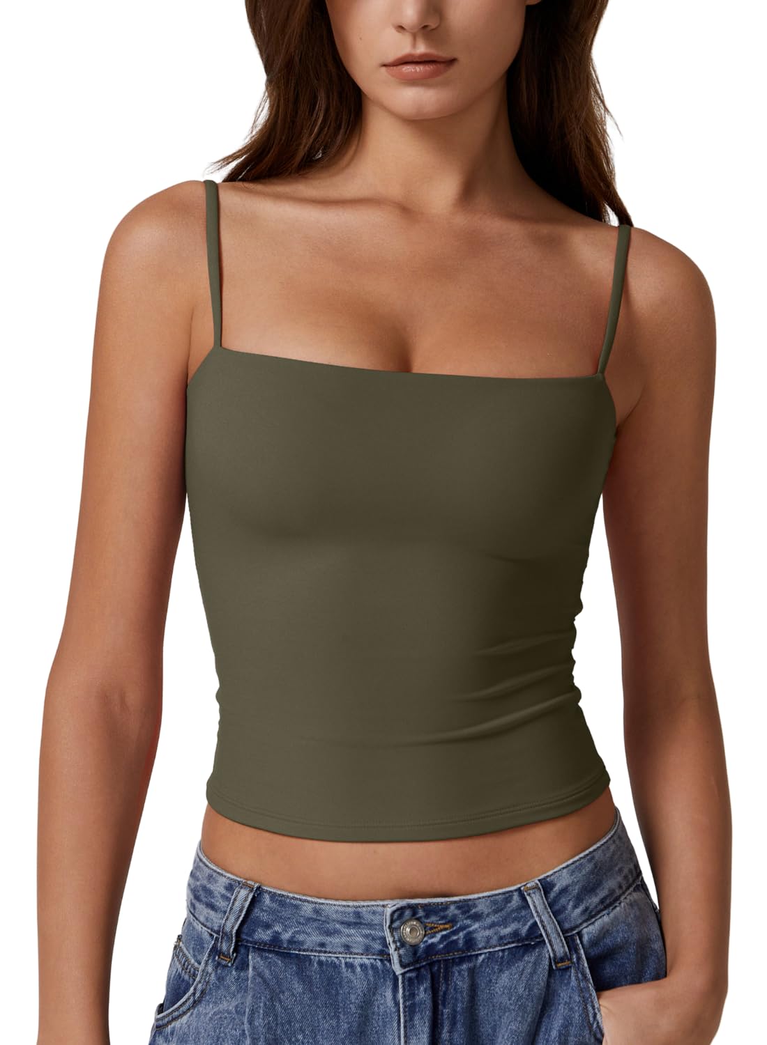 Photo 1 of QINSEN Women Basic Spaghetti Straps Cami Shirt Summer Y2K Going Out Double Lined Sexy Tank Top Army Green - L