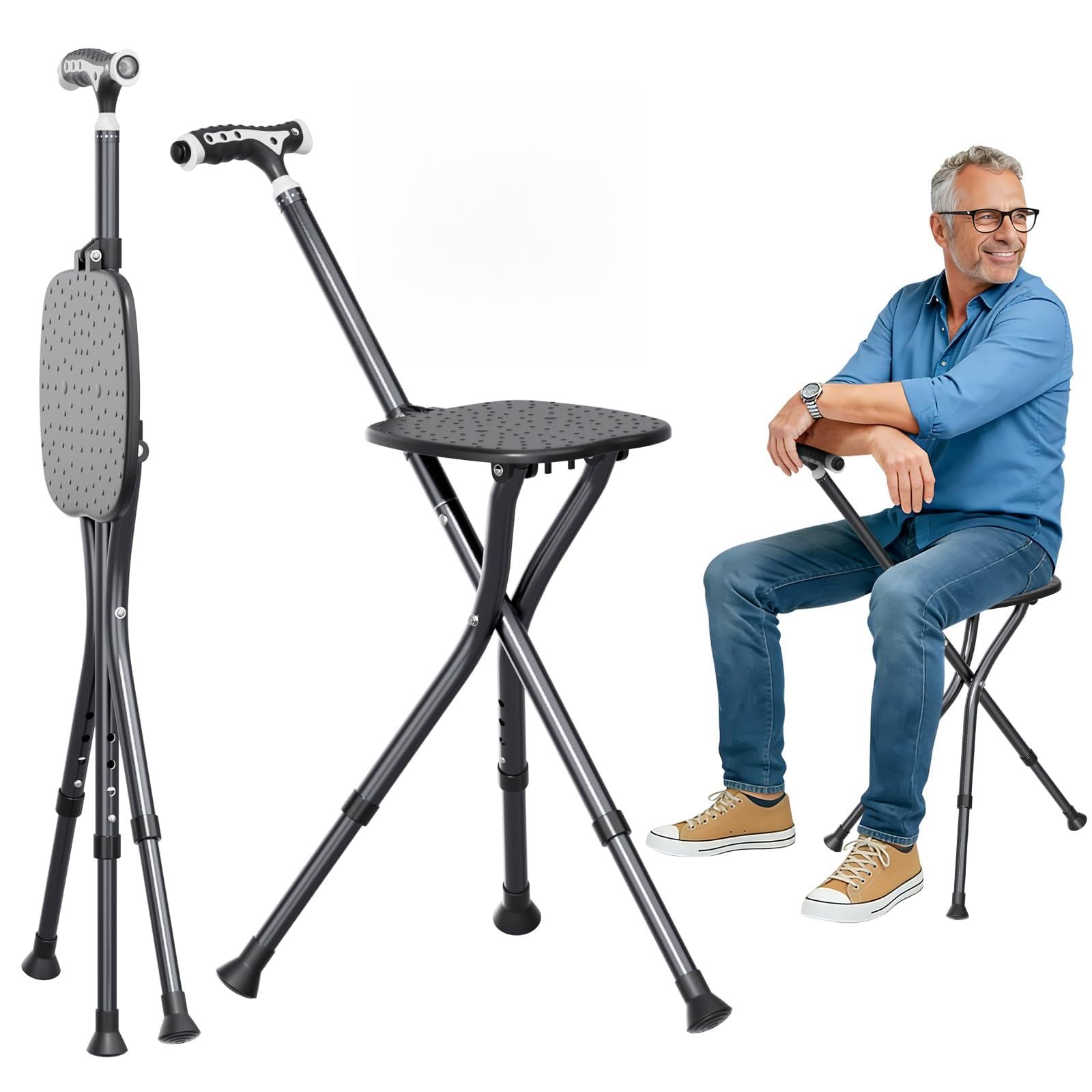 Photo 1 of Hold 440 lbs Walking Cane with Seat Foldable Stick with Light Height Adjustment Folding Canes for Seniors, Men, Women