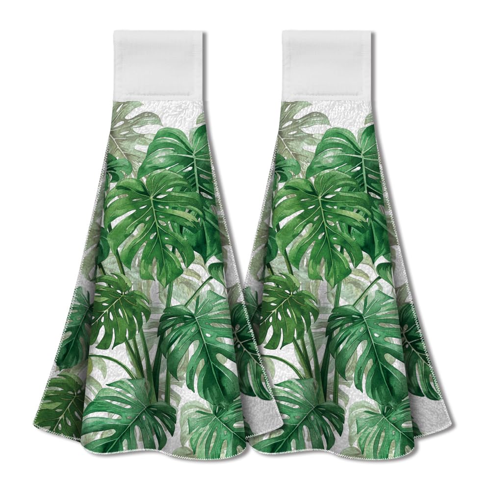 WADORN 2Pcs Monstera Leaves Kitchen Hanging Kitchen Towel, Palm Leaves Hanging Towels with Loop Hook for Kitchen Set Leaf Design Absorbent Towel for Washroom Home Bathroom, 13.5x12.4 inch