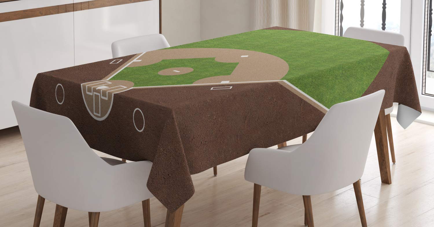 Lunarable Nursery Tablecloth, American Baseball Field with White Markings Painted on Grass Print, Dining Room Kitchen Rectangular Table Cover, 60 W X 90 L Inches, Lime Green Chocolate Tan