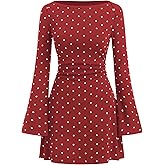 CIDER Polka Dot Dress Women Mini Dress Long Sleeve Boat Neck High Waist Bell Sleeve Ruched A Line