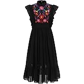 ABEHIK Women Mexican Embroidered Dress Traditional Casual Summer Floral Cinco De Mayo Fiesta Outfit Dance Party Midi Dresses