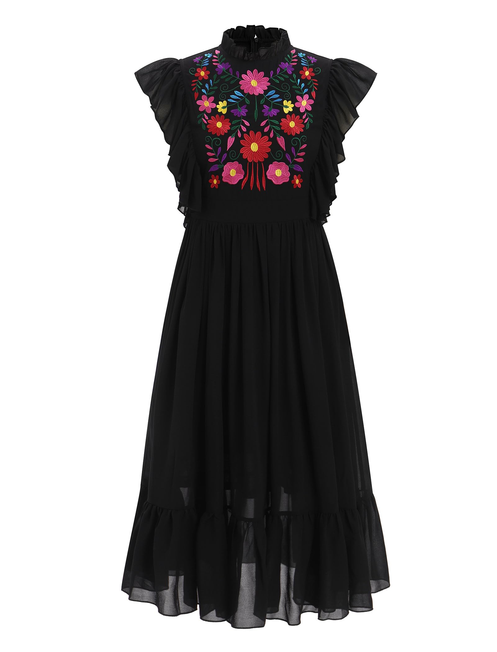Photo 1 of ABEHIK Mexican Embroidered Dress for Women Traditional Flutter Sleeve Casual Summer Floral Cinco De Mayo Fiesta Outfit Dance Beach Vacation Wedding Party Ruffled Neck Midi Dresses Black M