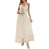 2026 Summer 2 Piece Maxi Skirt Set for Women Y2k Bow Tie Crop Top Flowy Ruffle Tiered Dress Vacation Beach Outfit