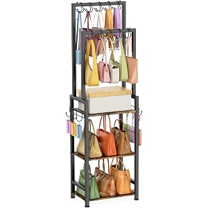Tall Purse Organizer with Double Rods: Visible Backpack Handbag Storage | Purse Rack Stand with 10 Purse Hanger & 6 Side Hook