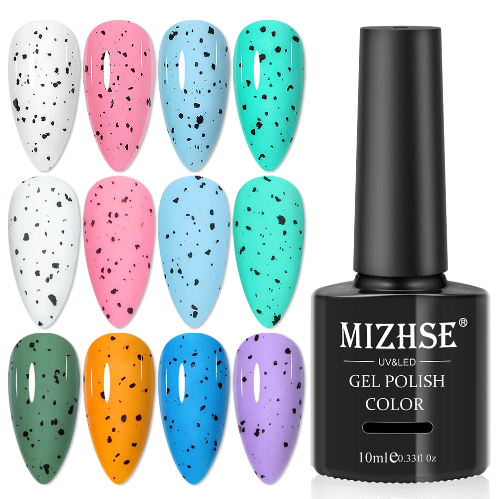 MIZHSE Egg Shell Gel Nail Polish, Black Speckle UV Gel, Top Coat, Nail Polish for Home DIY/Nails Salon/Manicure Nails Art, 10ml