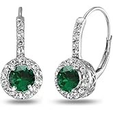 Sterling Silver Birthstone Earrings - Round Halo Drop Huggie Dainty Earrings for Women