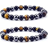Triple Protection Bracelet for Bring Luck and Prosperity Hematite Black Obsidian Tiger Eye Stone Bracelets for Men Women, Beaded Buddha Healing Rope Uni Bracelet (2pcs)