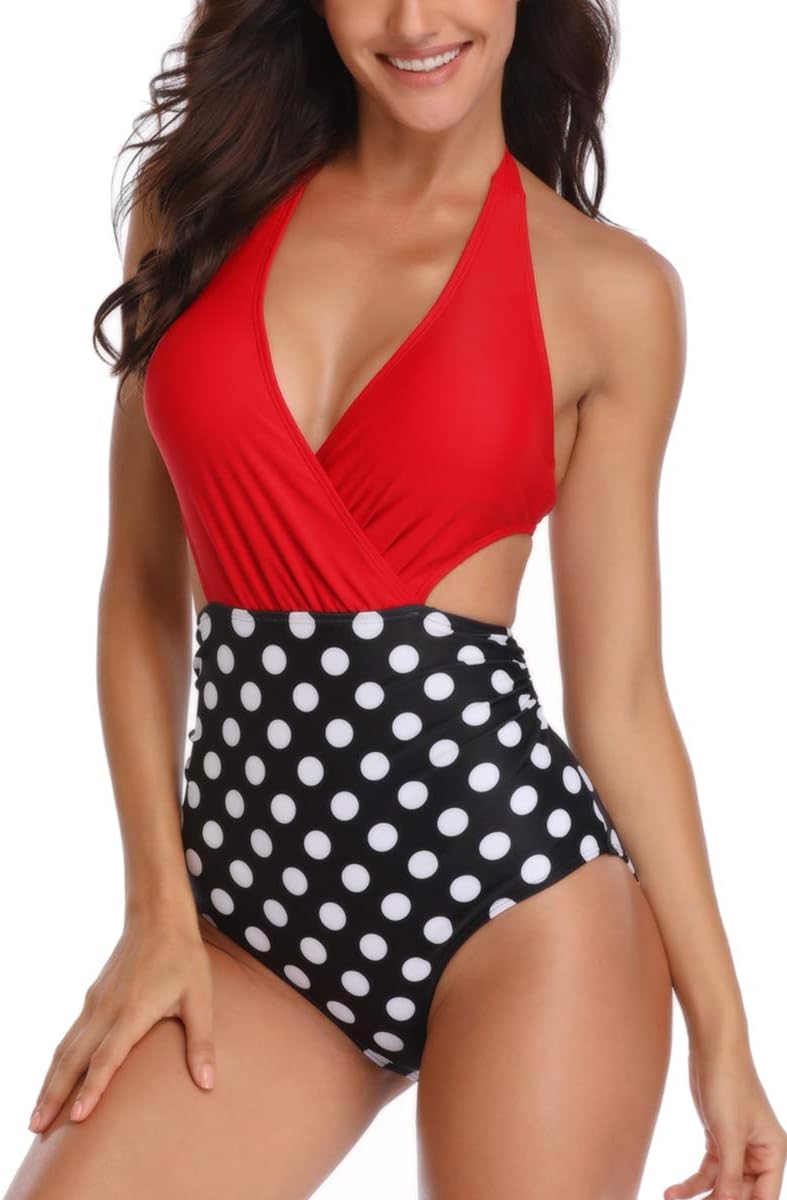 Symptor Women's Halter High Waisted Tummy Control One Piece Print Monokini Swimsuit
