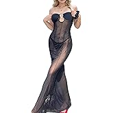 Mingnos Sexy Off Shoulder Mesh Dress for Women, Cutout See Through Sheer Bodycon Dresses for Party, Evening, Date Night