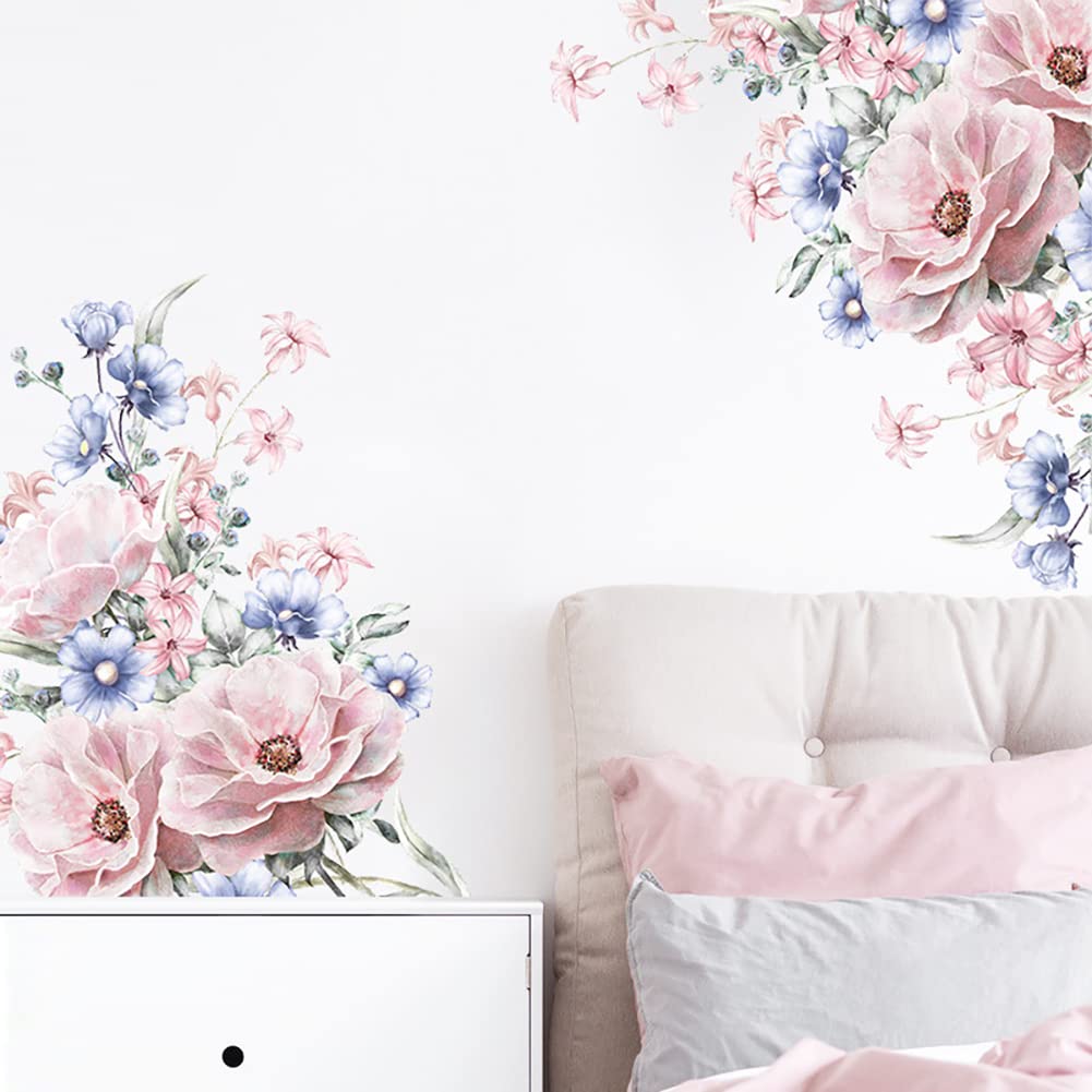Runtoo Pink Flower Wall Art Decals Peony Floral Wall Stickers for Living Room Girls Bedroom Nursery Wall Decor, Blue,pink — image 1