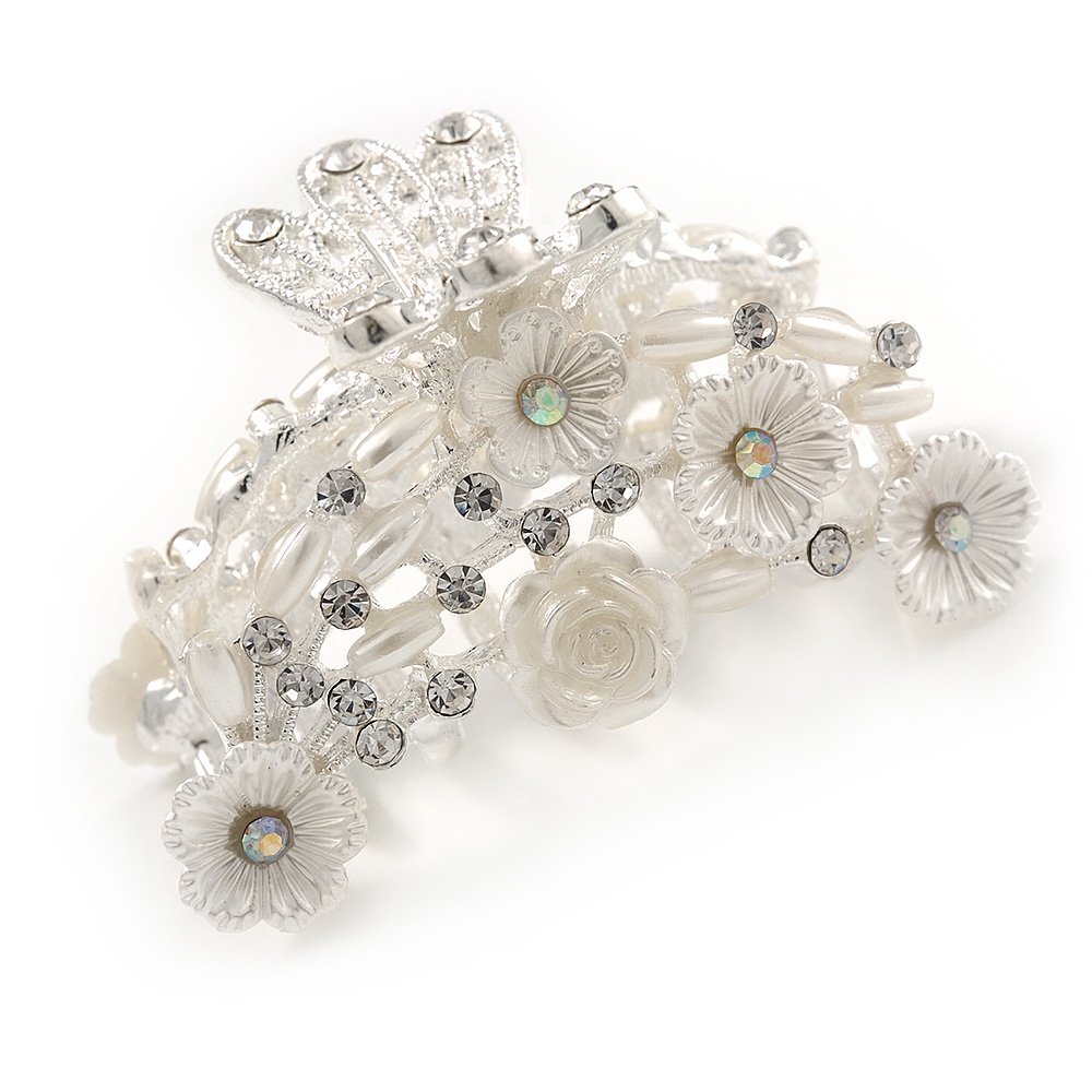 Small Bridal/Prom/Wedding Acrylic Flower, Crystal Hair Claw In Silver Tone Metal - 60mm Across