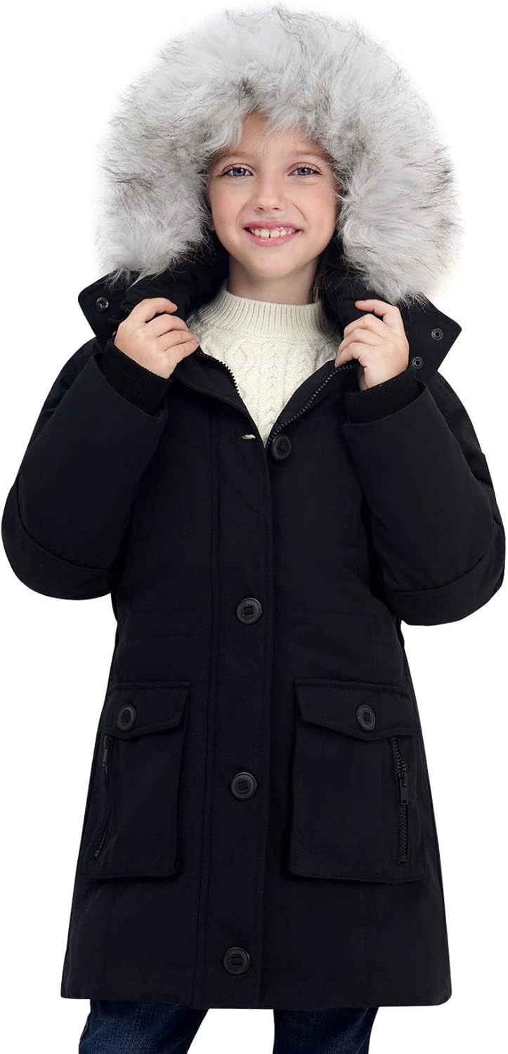 SOLOCOTE Girls Winter Coats Heavyweight Medium Length Warm Jacket with Removable Fur Collar Hooded 3-14Y: Clothing