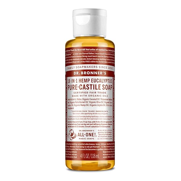 DR. BRONNER’S – PURE-CASTILE LIQUID SOAP (EUCALYPTUS, 4 OUNCE) – MADE WITH ORGANIC OILS, 18-IN-1 USES: FACE, BODY, HAIR, LAUNDRY, PETS AND DISHES, CONCENTRATED, VEGAN, NON-GMO