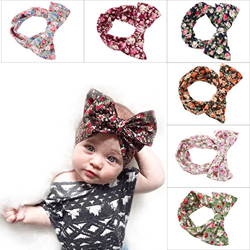 DOTASI 6pcs Bohemian Flower Printing Baby Girls Toddler Turban Knot Elastic Cutton Bow Headband Head Wrap Soft Hair Band