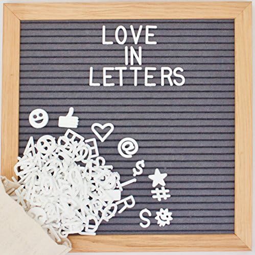 Gray Felt Letter Board 10x10 inches. Changeable Letter Boards Include 340 White Plastic Letters, Oak Frame, Canvas Bag &amp; Free Bonus Stand.