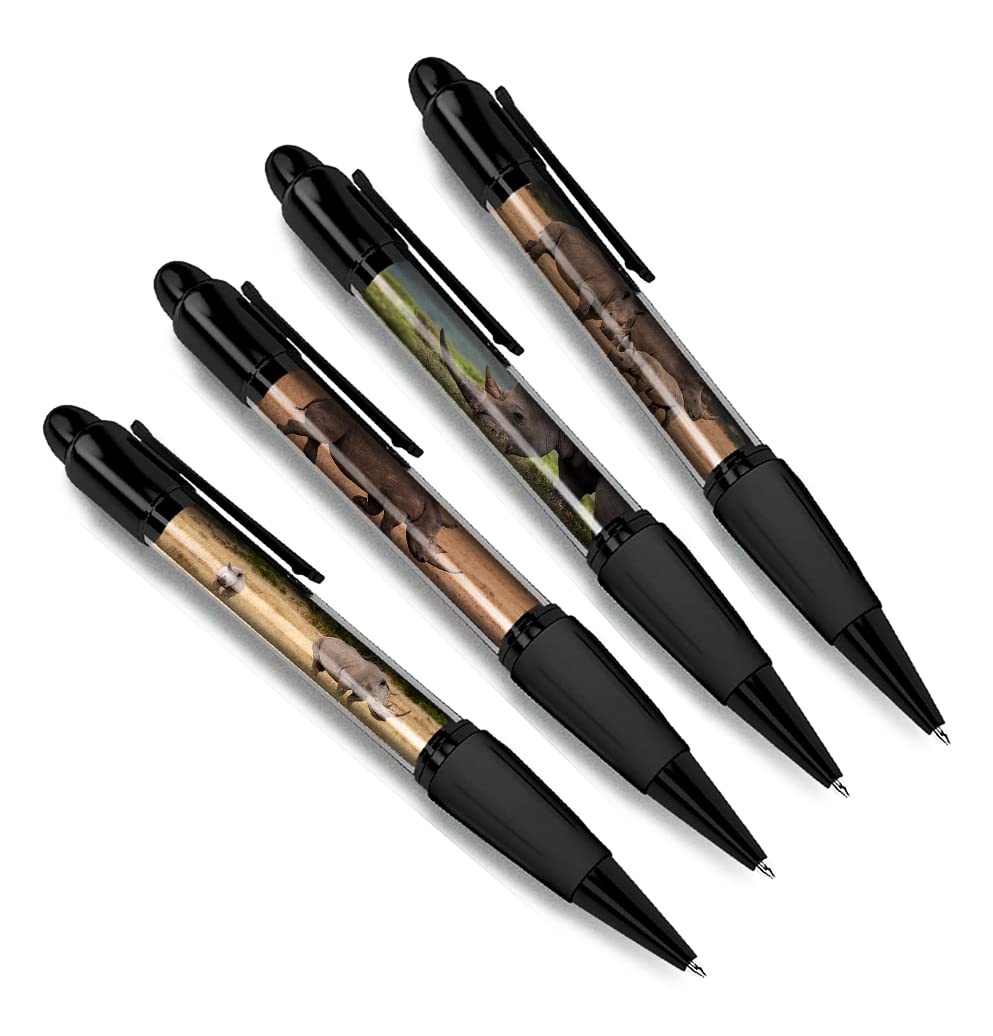 DV DESIGN Set of 4 Rhinoceros Black Ballpoint Pens - Rhino Animal Nature Wildlife Wild Travel Portrait Boys Girls Men Women Theme Pen #79477