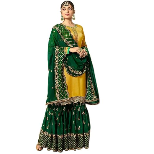 JANVI ECOMMERCE Womens Satin Georgette Embroidered Sharara Suit (YF-102, Yellow and Green)